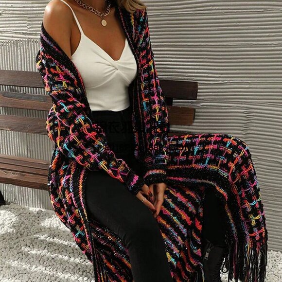 Multicolor Casual Women's Long Colorful Tasseled Knitted sweater Cardigan - Picture 5 of 5